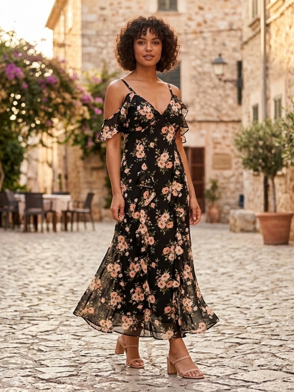 Old Navy Sz 16 The Occasion Black Floral Chiffon Ruffle Garden Fairy Maxi Dress